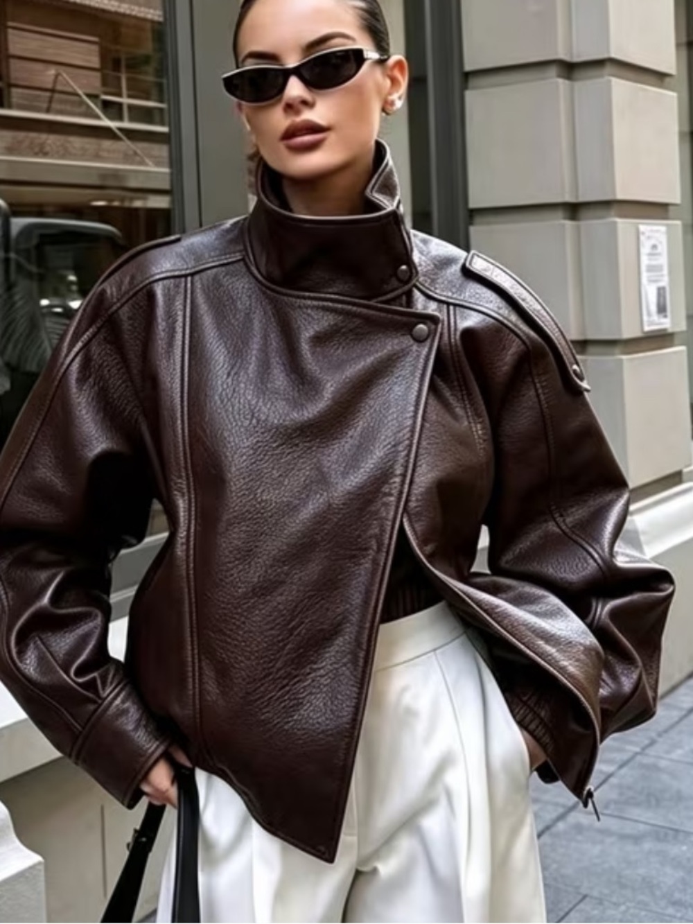 🆕 Chocolate Brown Vegan Leather Jacket High Collar Asymmetrical Biker Bomber XL